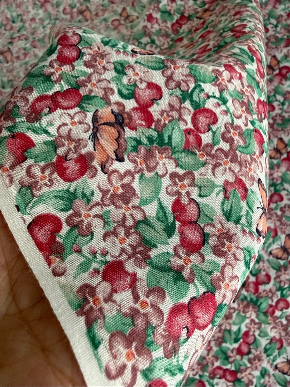 Vintage 1990s Cotton Blend Fabric 2 Yards x 44 Apple Floral Butterfly Print